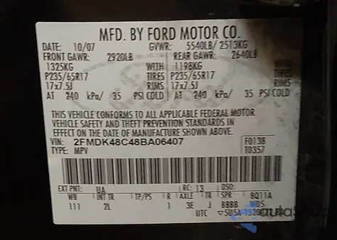 2008 Ford Edge Sel z USA, uszkodzony, nr VIN 2FMDK48C48BA06407